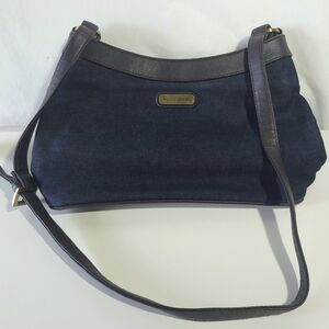 Jenny Buchanan purse, denim handbag with brown leather trim.